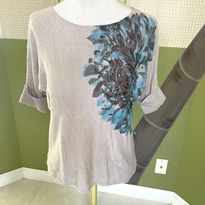 INC taupe top with blue floral sequined accent ; cuffed sleeves Size Small